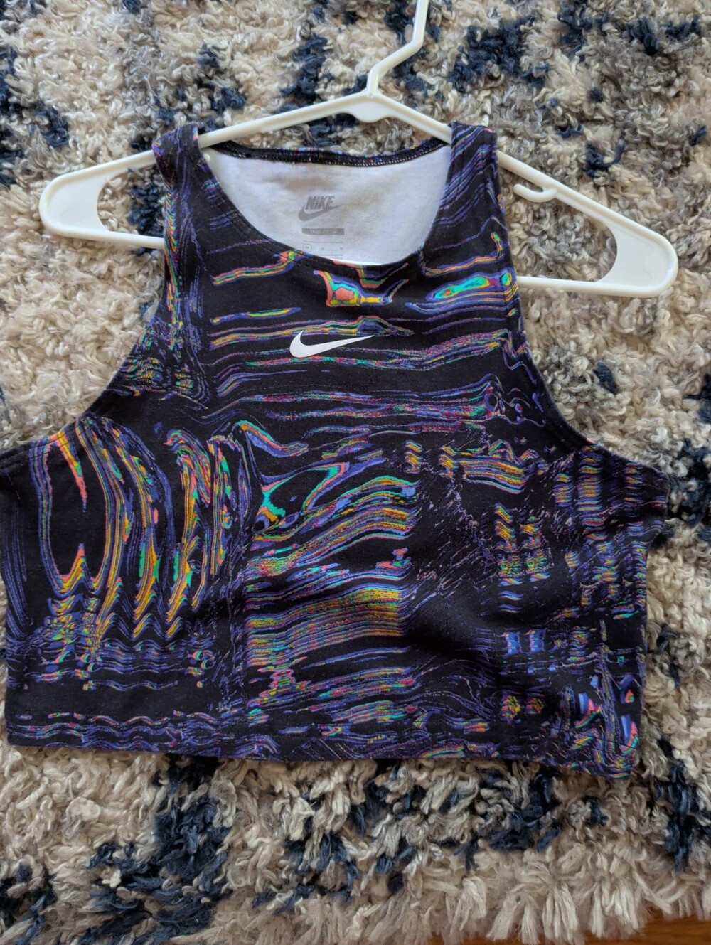 Nike Women’s Black Cropped Tank with Iridescent Multicolor Wave Print